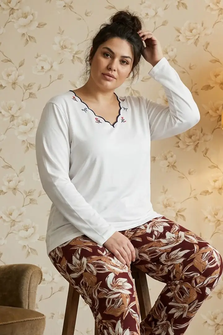 Desenli Nakışlı Büyük Beden Battal Boy Viskon Örme Pijama Takım 26224843