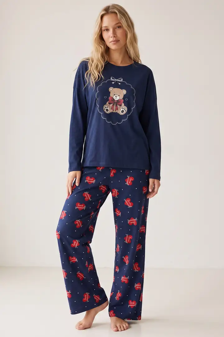 Lacivert Ayıcık Baskılı Pamuklu Pijama Takımı