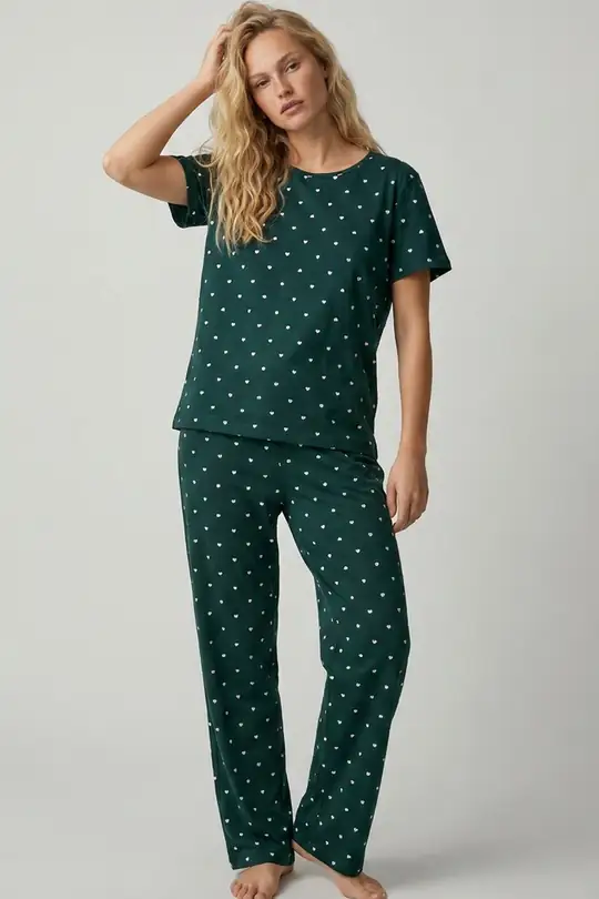 Pamuklu Örme Pijama Takımı 8025 - yeşil beyaz