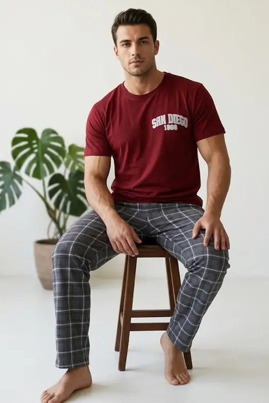 Örme Kısa Kollu Pijama Takım 8004 - Bordo