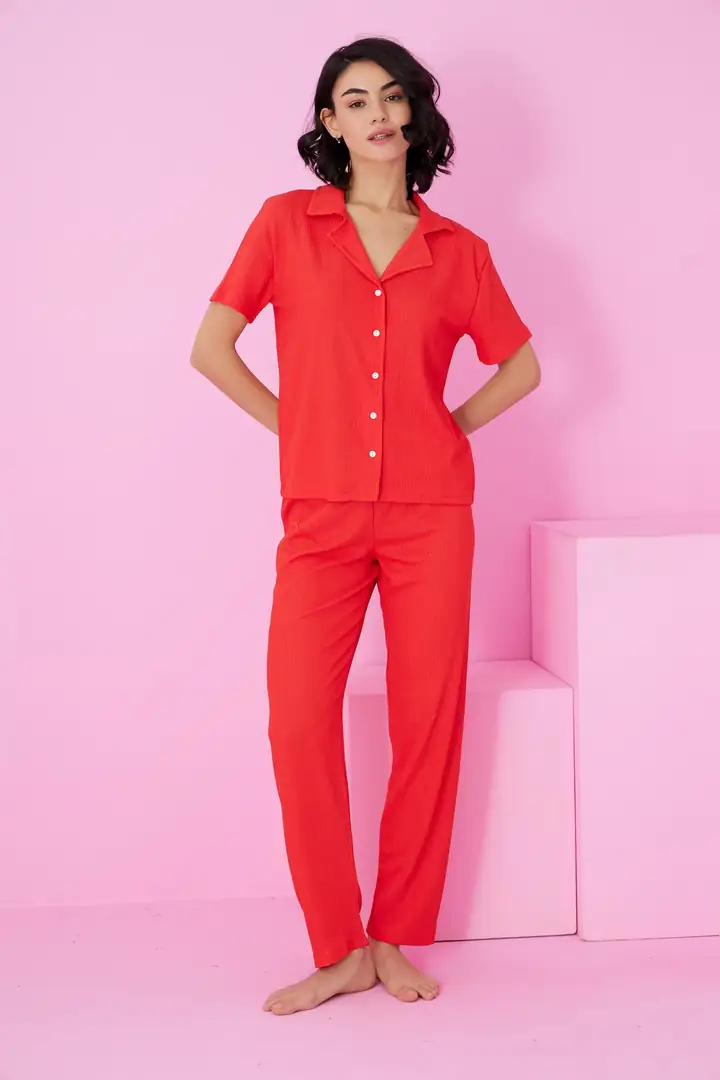 Bürümcük Krınkıl Kumaş Örme Düğmeli Pijama Takım7873