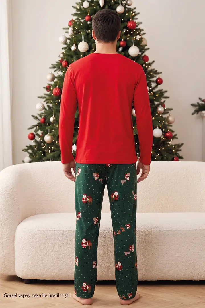 Yılbaşı Temalı Termal Kumaşlı Ultra Soft Yumuşak Baba-Oğul Örme Pijama Takımı 26225810-1