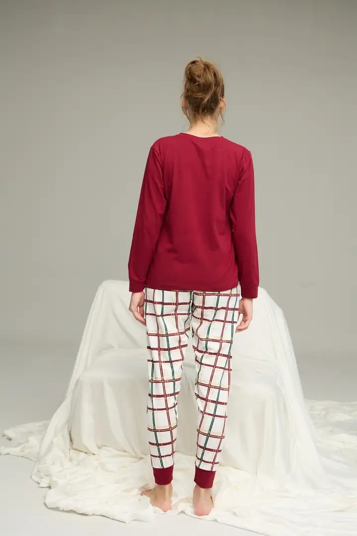 Bordo Ekose Desenli Örme Pamuklu Pijama Takım 25240275