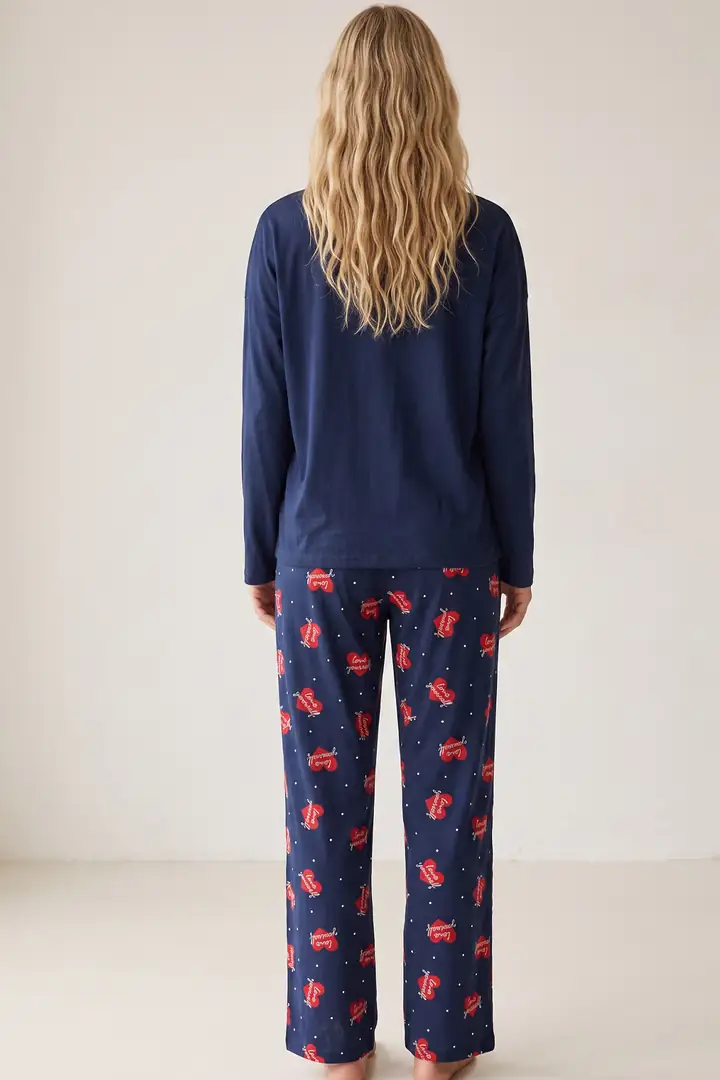 Lacivert Ayıcık Baskılı Pamuklu Pijama Takımı