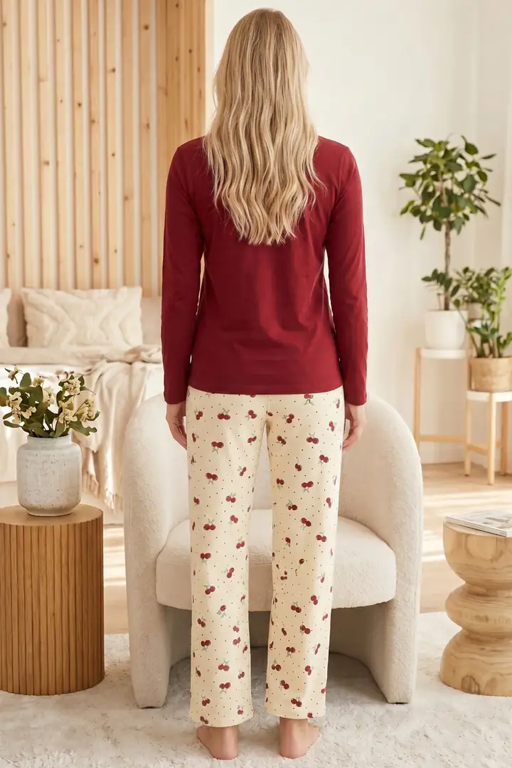 Nakışlı Pamuklu Likralı Bisiklet Yaka Örme Pijama Takım 26240287