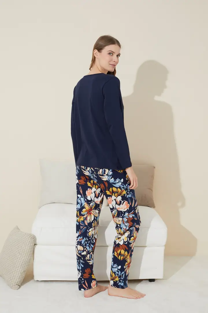 Lacivert Nakışlı Pamuklu Örme Pijama Takım 24240097