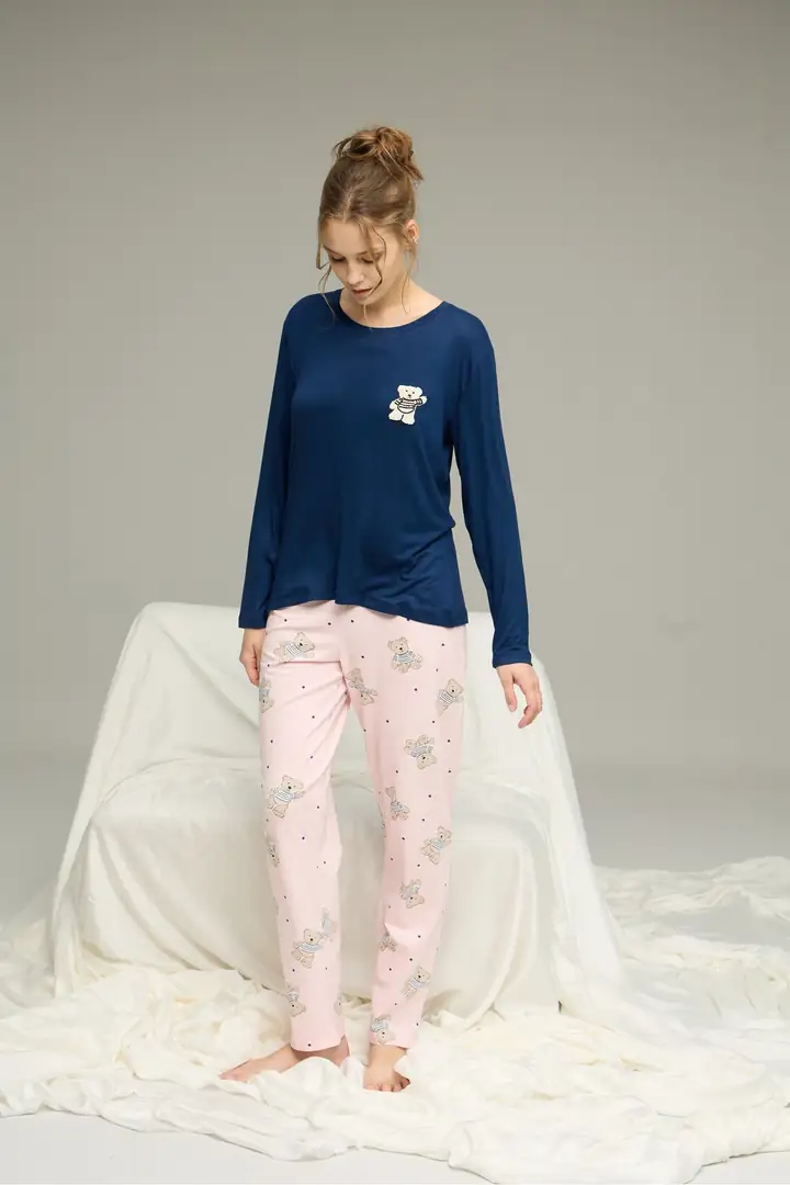Lacivert Ayıcık Desenli Pamuklu Bisiklet Yaka Örme Pijama Takım 25241146