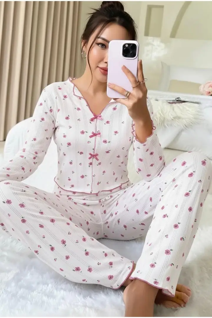Pamuklu Ajurlu Delikli Örme Pijama Takım7927-8