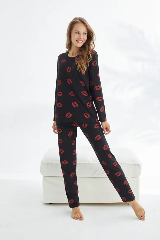 Pamuklu Pijama Takımı - siyah kırmızı dudak