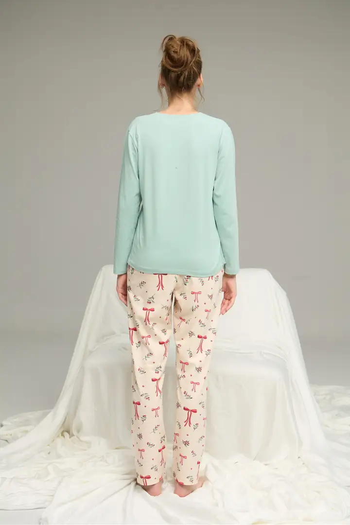 Yeşil Desenli Örme Pamuklu Pijama Takım 25240254