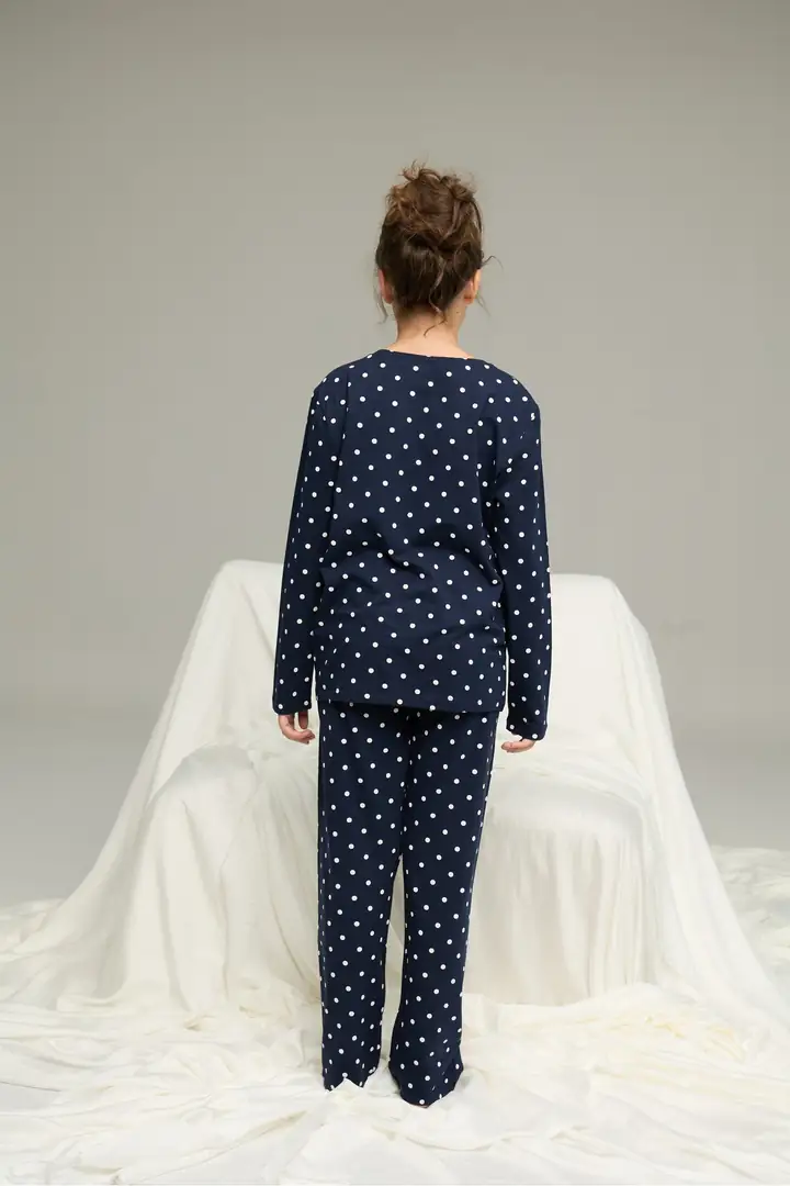 Lacivert Puan Desenli Pamuklu Bisiklet Yaka Örme Pijama Takım 25241121