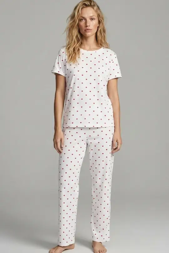 Pamuklu Örme Pijama Takımı 8025 - beyaz kırmızı kalp