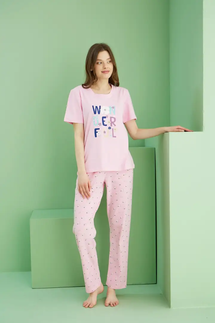 Pamuklu Bisiklet Yaka Örme Pijama Takım25117077