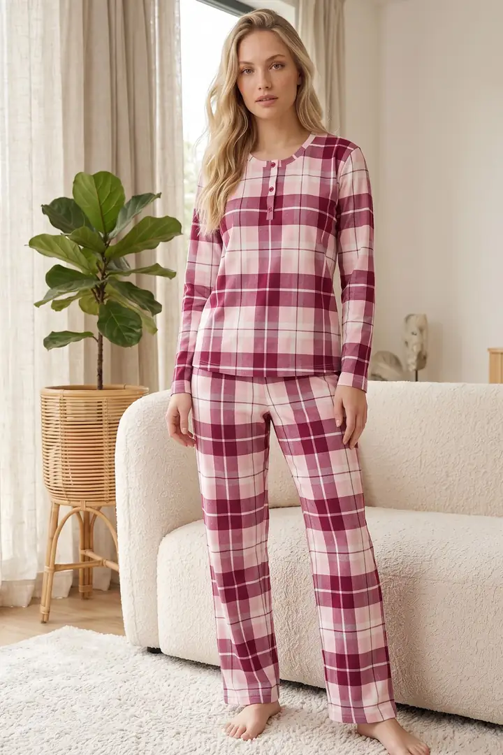 Düğmeli Pamuklu Likralı Örme Pijama Takım26240361