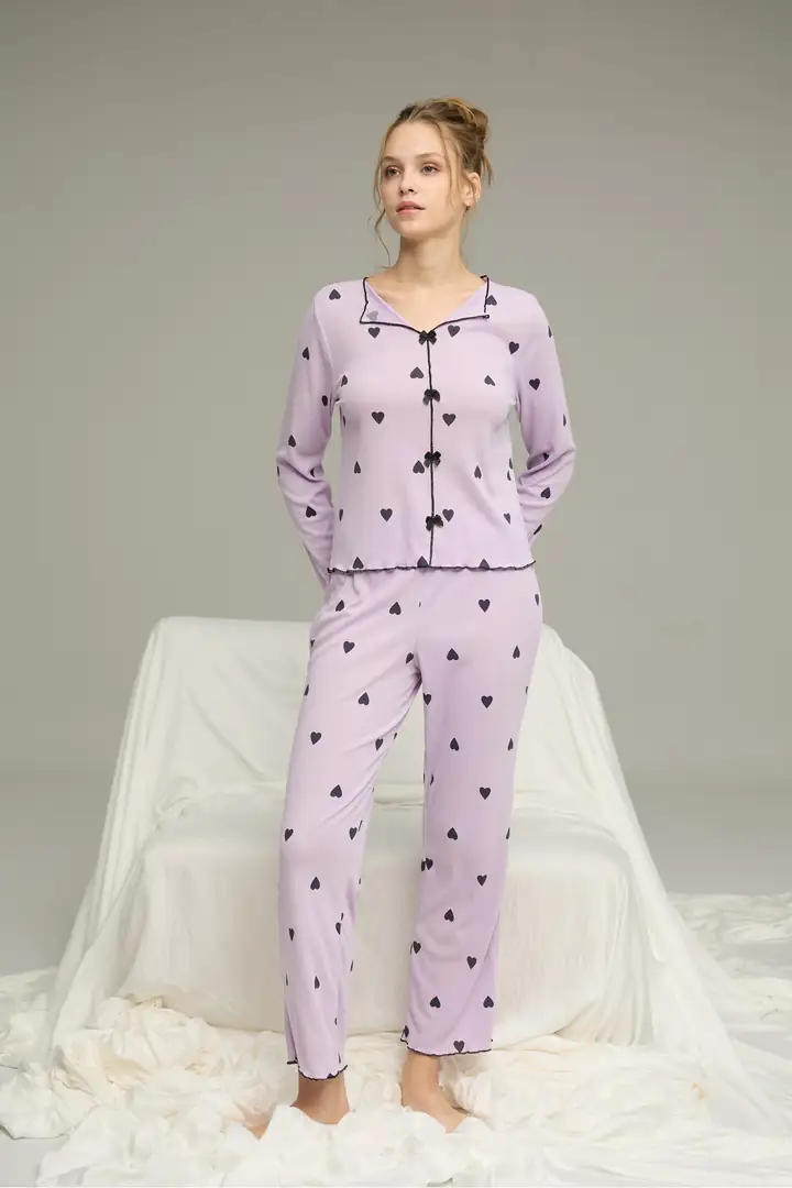 Pamuklu Fiyonklu Fitilli Örme Pijama Takım 25226004-9