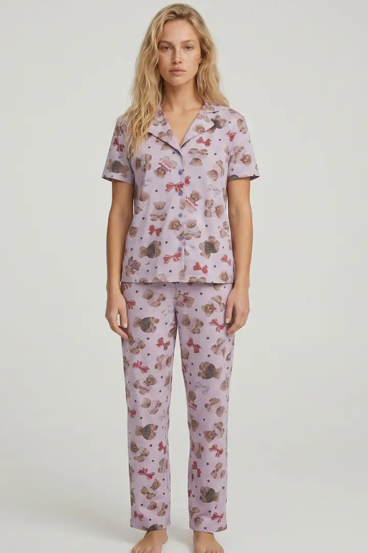 İnce Düğmeli Örme Pijama Takım 8018