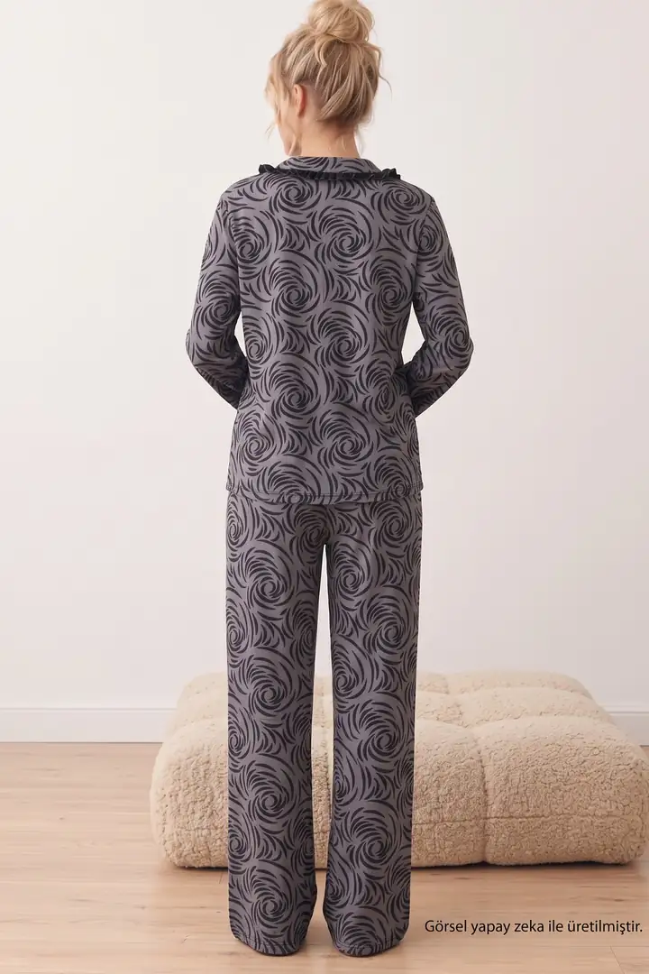 Desenli Bürümcük-Krınkıl Düğmeli Fırfırlı Pijama Takım 26223941-8