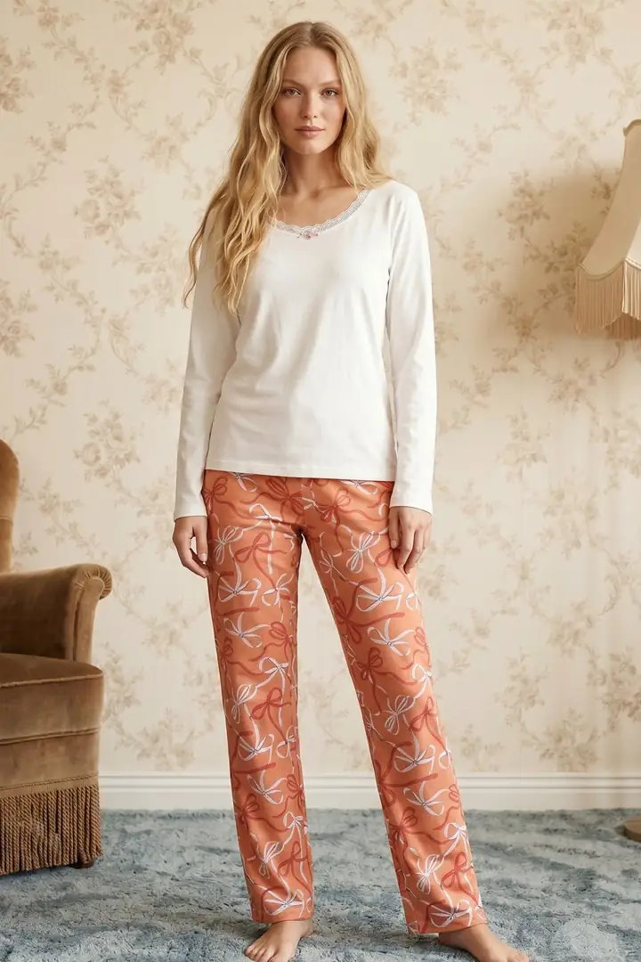 Ekru Desenli Dantelli Viskon Örme Pijama Takım 26224668