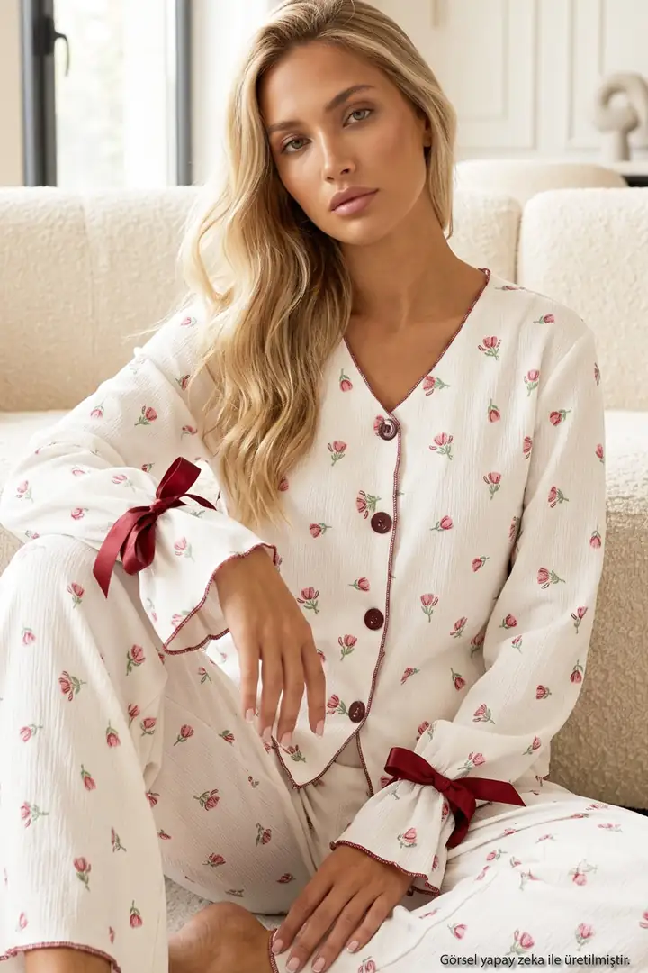 Ekru Lale Desenli Bürümcük-Krınkıl Kurdele Detaylı Düğmeli Hırka Pijama Takım 26223921-7