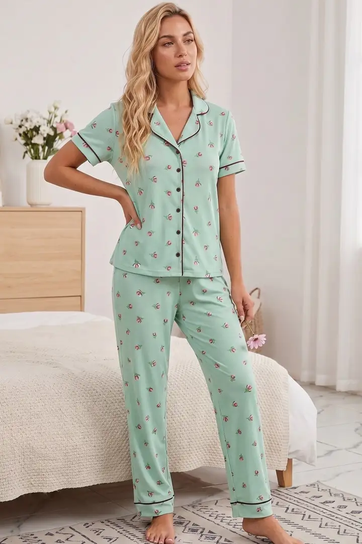 Bürümcük-Krınkıl Kısa Kollu Düğmeli Biyeli Pijama Takım 7930