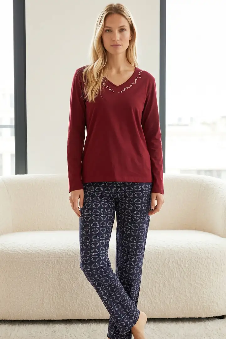 Nakışlı Pamuklu Likralı Örme Pijama Takım 26240320
