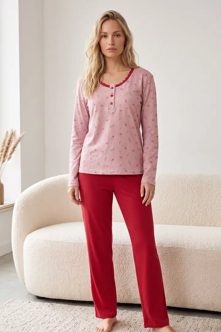 Düğmeli Pamuklu Likralı Örme Pijama Takım26240309