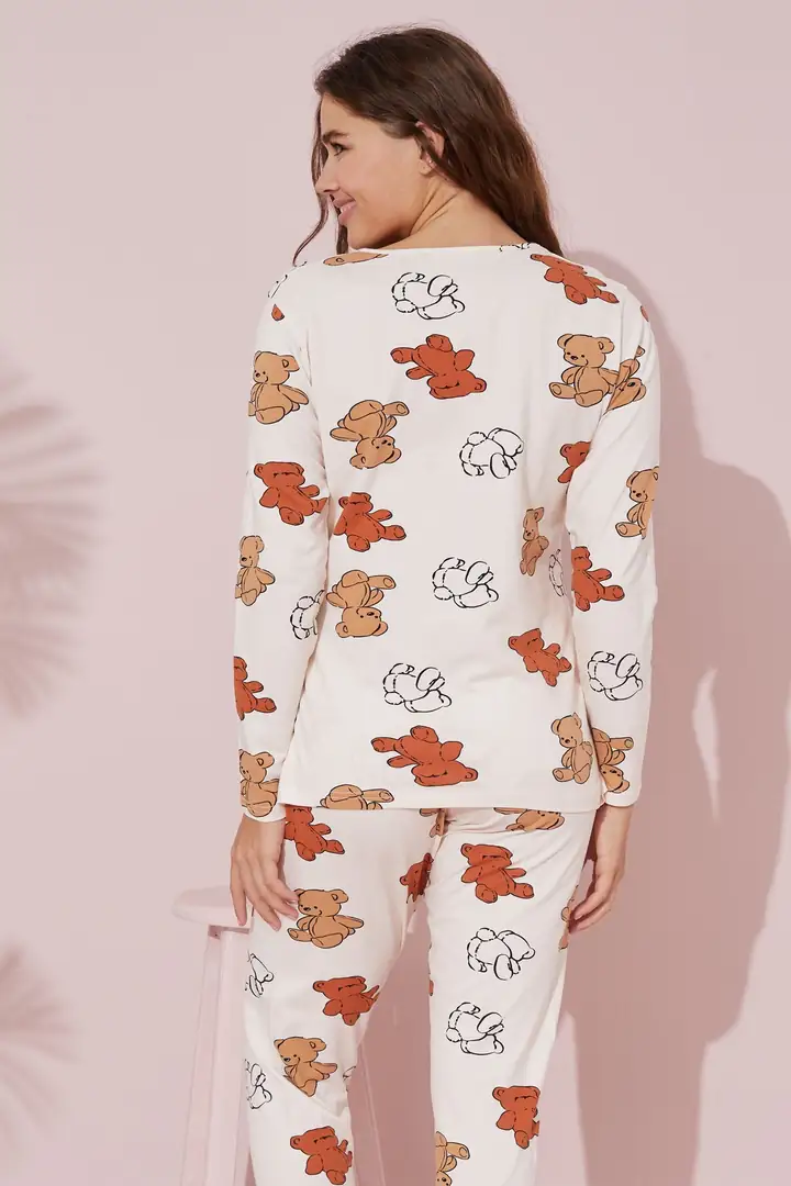 Ekru Ayıcık Desenli Pamuklu Örme Pijama Takım 24241081