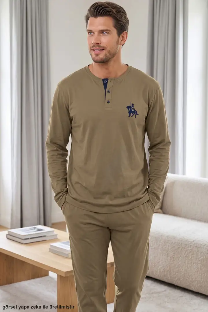 Nakışlı Cepli Düğmeli Pamuklu Likralı Örme Pijama Takım 26241804-2 - YEŞİL