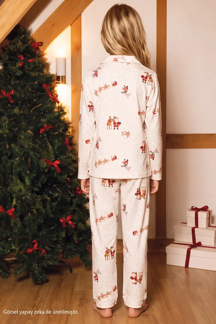 Ekru Yılbaşı Temalı Desenli Termal Kumaşlı Ultra Soft Yumuşak Düğmeli Örme Pijama Takımı 26226825