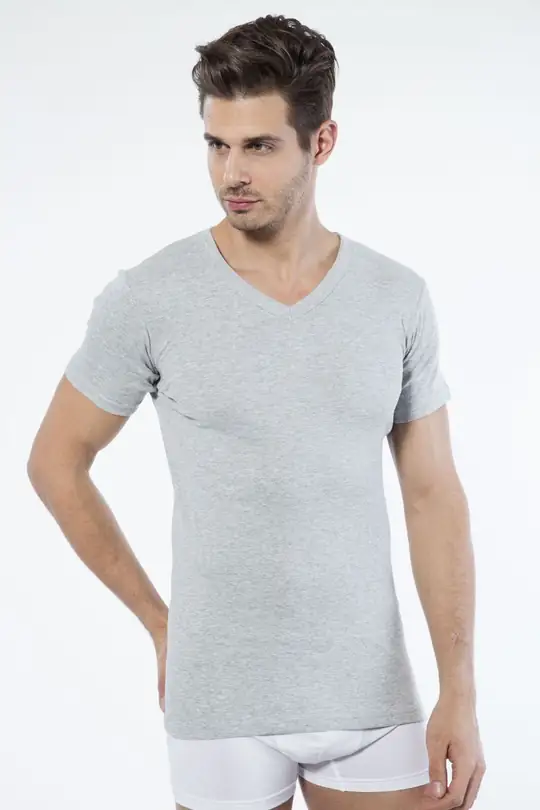 Pamuklu V Yaka Kısa Kol T-Shirt 767 - Gri