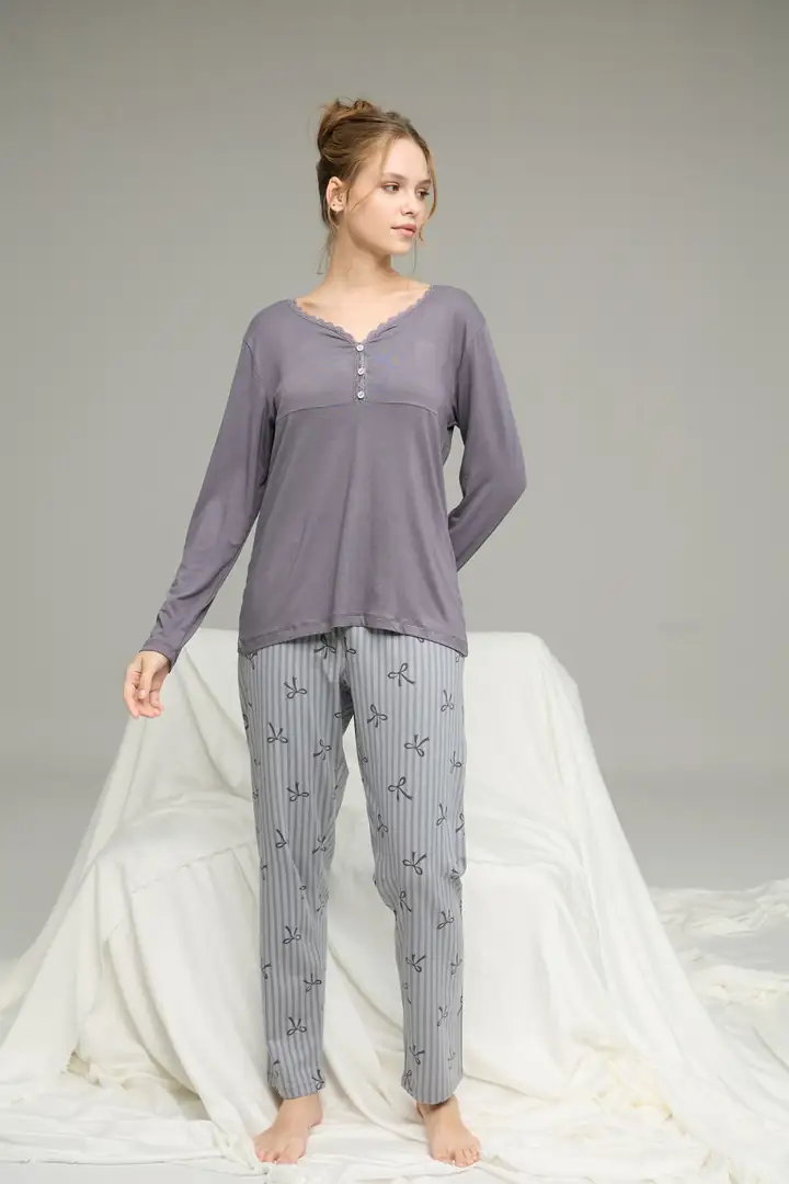 Düğme Detaylı Örme Pamuklu Pijama Takım25240190