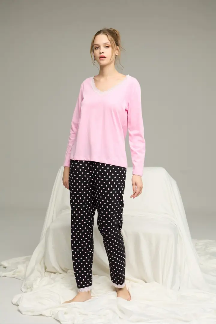 Pembe Puan Desenli Örme Pamuklu Pijama Takım 25240278