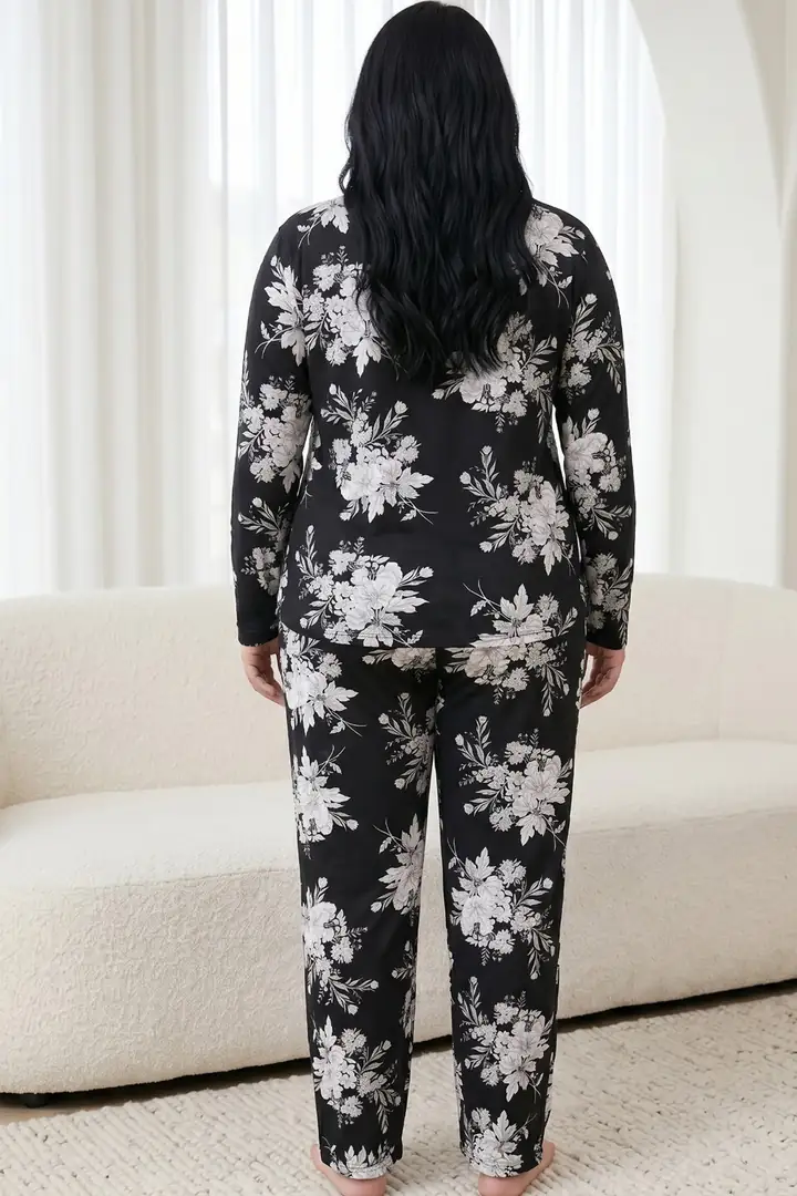 Düğmeli Pamuklu Likralı Büyük Beden Battal Boy Örme Pijama Takım 26240930