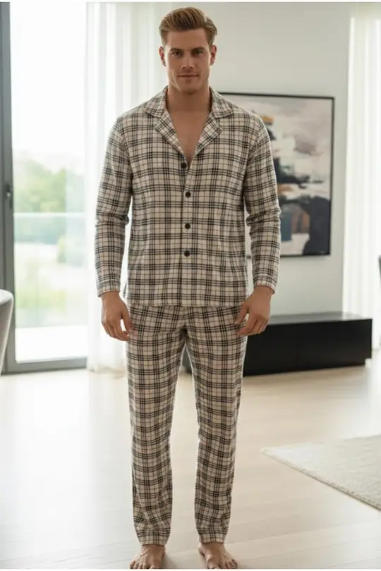 Erkek Ekoseli %100 Pamuklu Örme Düğmeli Pijama Takım 7985 - bej ekose