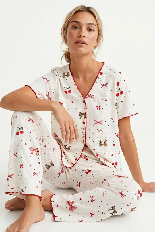 Yumuşak Tuşe Yazlık Fitilli Pamuklu Örme Pijama Takım 7994 - leopar fiyonk