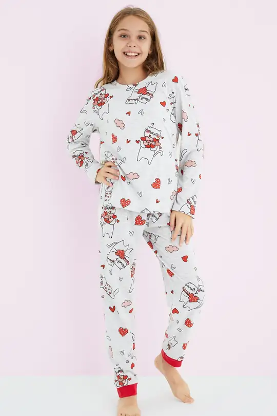 Kız Çocuk Renkli Desenli Pamuklu Pijama Takım 24225705 - GRİ