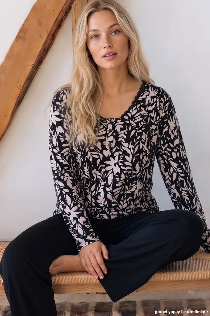 Desenli Düğmeli Dantelli Viskon Örme Pijama Takım 26224678