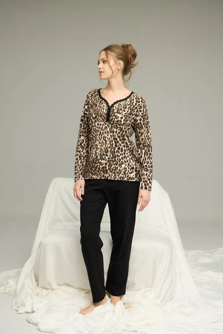 Leopar Desenli Örme Pamuklu Pijama Takım 25240238