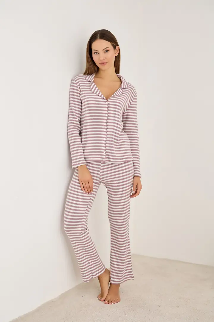Düğmeli Fırçalı Soft Fitilli Kaşkorse Hırka Pijama Takım 25224039