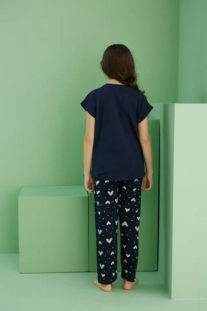 Lacivert Desenli Pamuklu Bisiklet Yaka Örme Pijama Takım 25117072