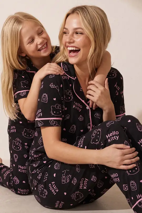 Hello Kitty Lisanslı %100 Pamuk Pembe Çok Renkli Düğmeli Biyeli Pijama Takım 26120451 - SİYAH