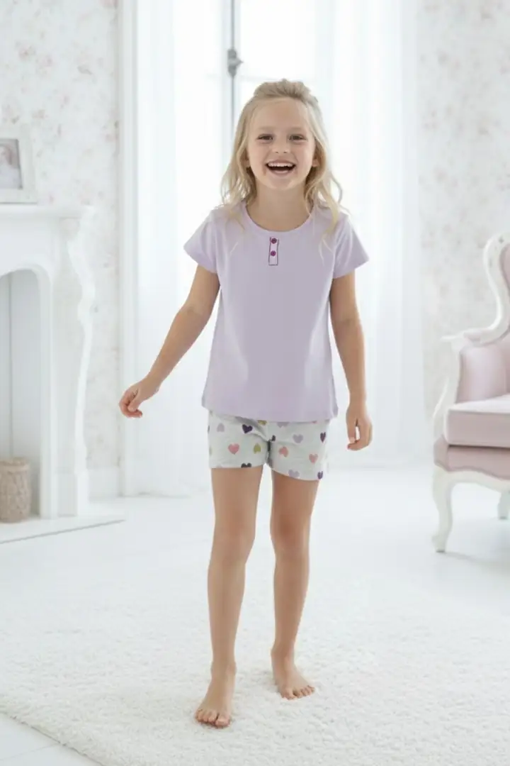 Lila Desenli Pamuklu Bisiklet Yaka Örme Şortlu Pijama Takım