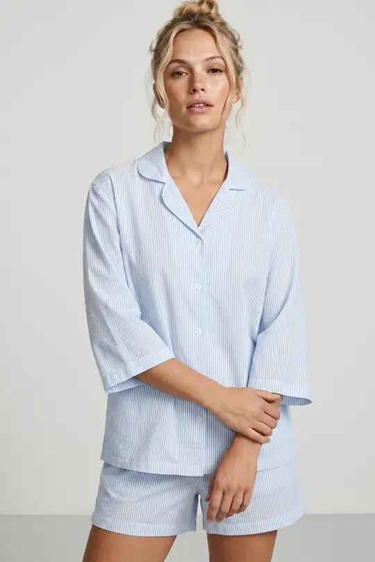 Düğmeli İnce Soft Örme Şortlu Pijama Takımı 8054 - MAVİ