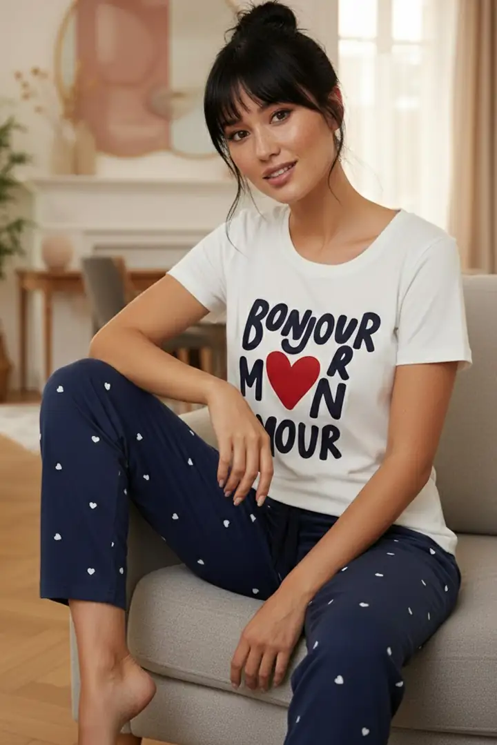 Ekru Desenli Pamuklu Bisiklet Yaka Örme Pijama Takım