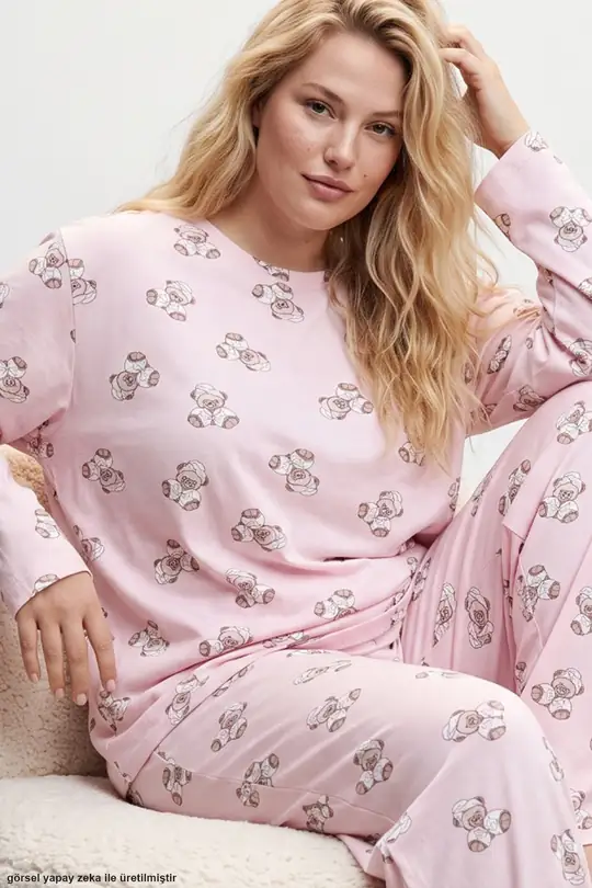 Baskılı Büyük Beden Battal Boy Örme Pijama Takım 8089 - pembe ayıcık
