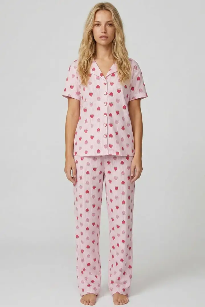 İnce Düğmeli Örme Pijama Takım 8018