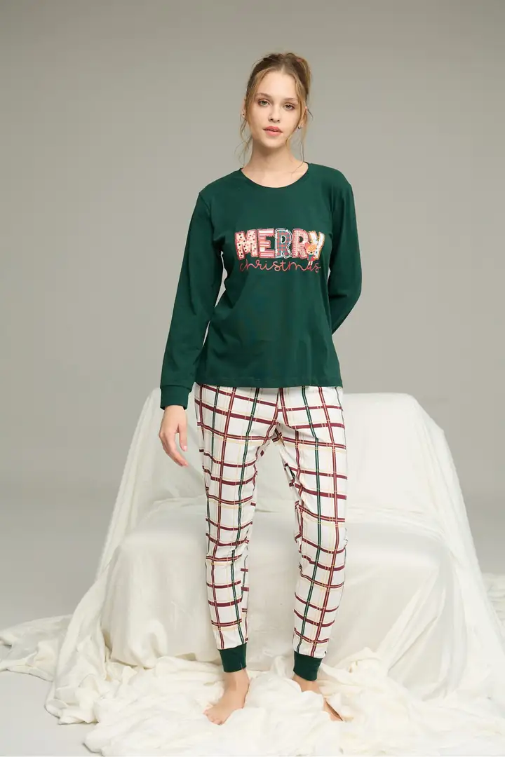 Yeşil Ekose Desenli Örme Pamuklu Pijama Takım 25240237