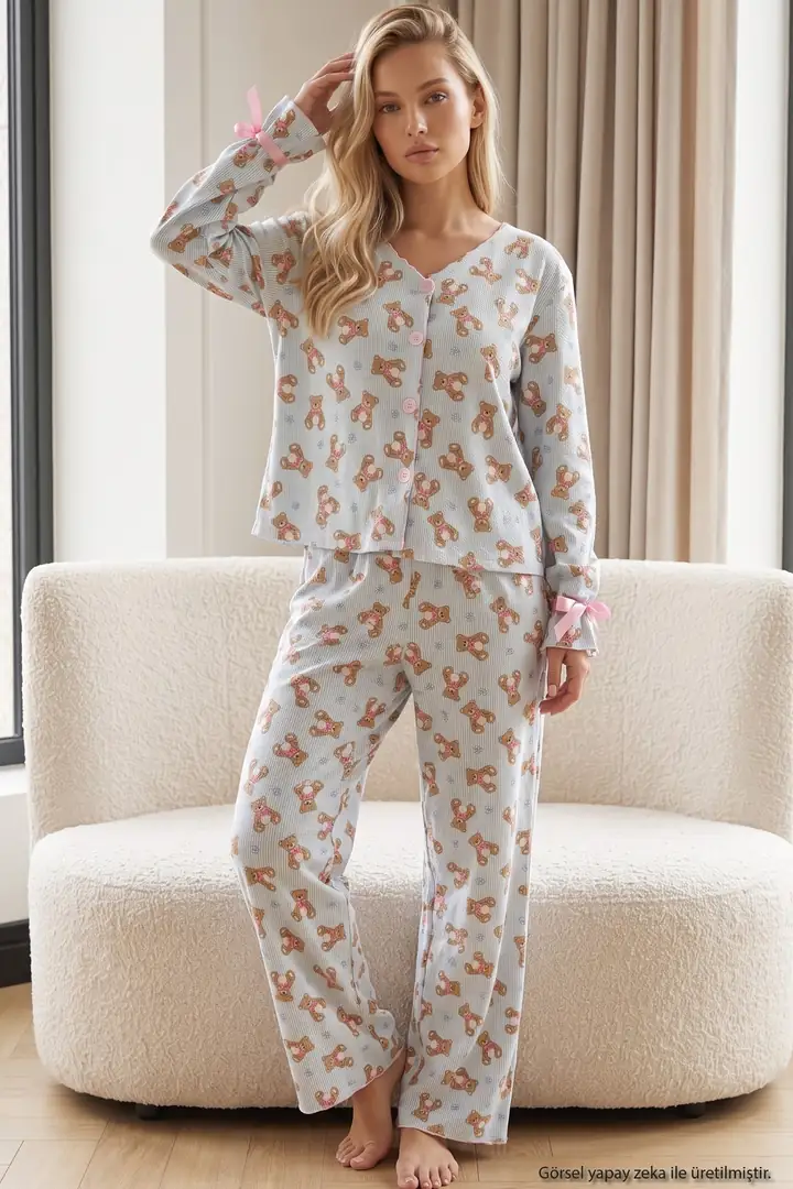 Yeşil Ayıcık Desenli Bürümcük-Krınkıl Kurdele Detaylı Düğmeli Hırka Pijama Takım 26223921-12