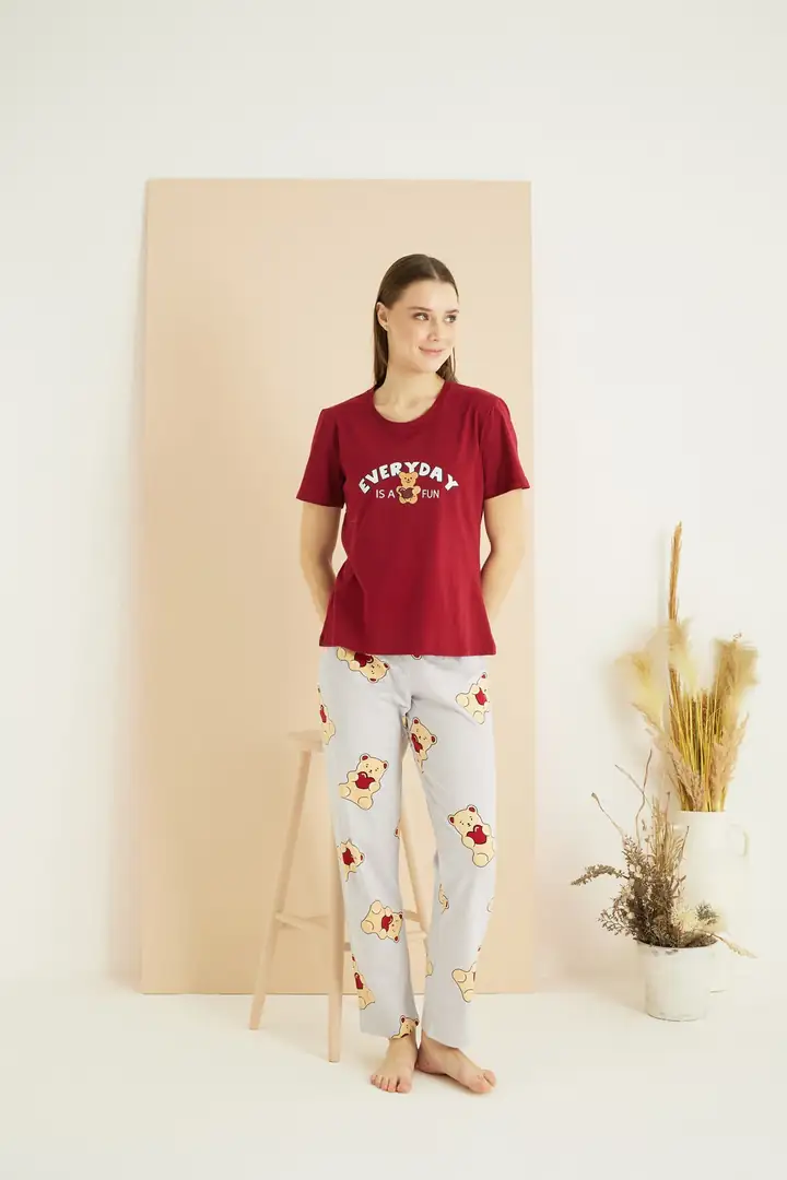 Pamuklu Bisiklet Yaka Örme Pijama Takım25107132