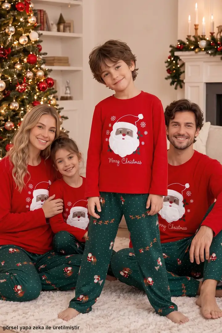 Yılbaşı Temalı Termal Kumaşlı Ultra Soft Yumuşak Baba-Oğul Örme Pijama Takımı 26225810-1 - Kırmızı